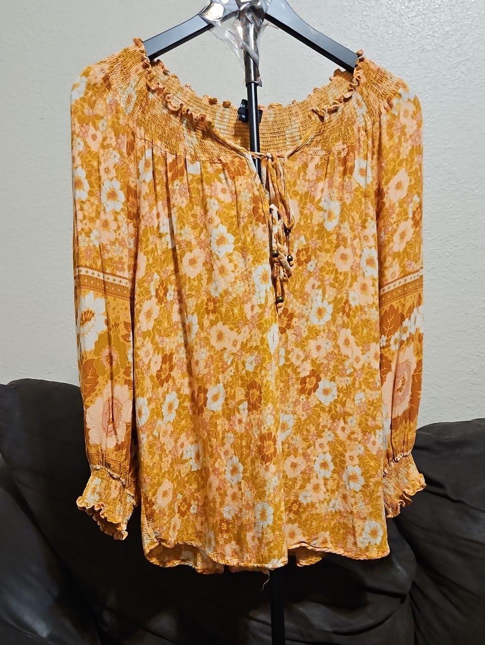 Cynthia Rowley Mustard Floral Smocked Peasant Top